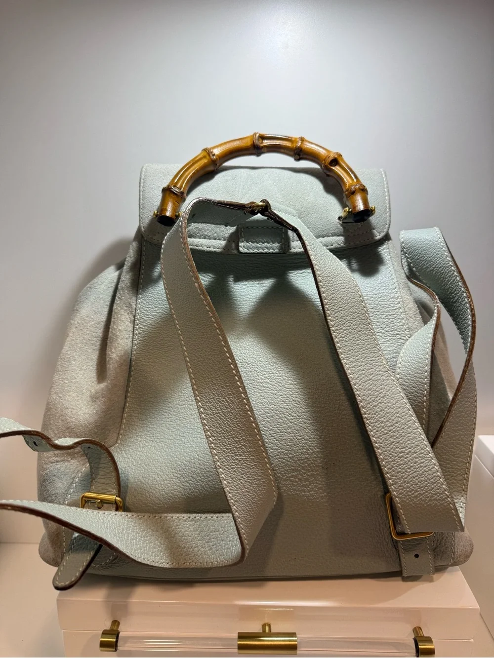Gucci Light Blue Suede Bamboo Backpack